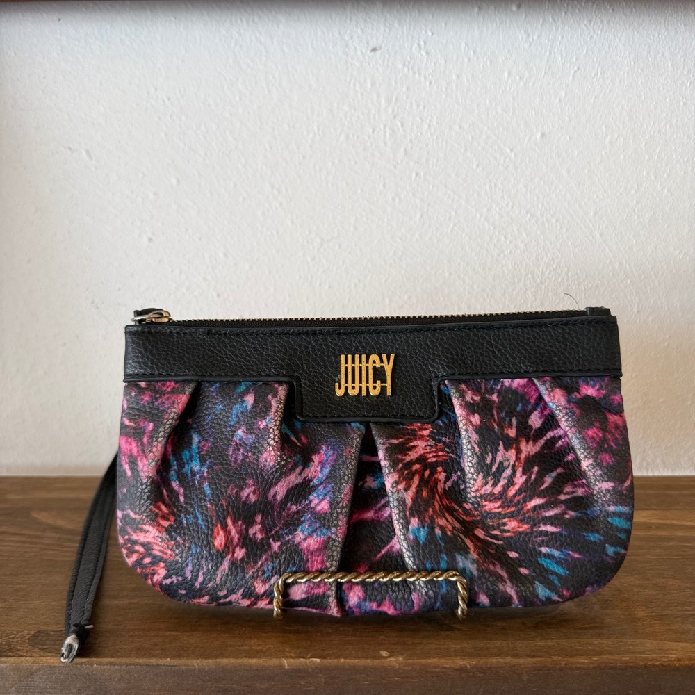 Juicy Couture Tie Dye Wristlet Pouch Black Pink Blue Gold Logo Broken Strap